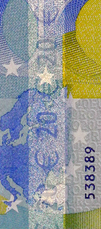Glanzstreifen auf der Rückseite einer 20-Euro-Banknote