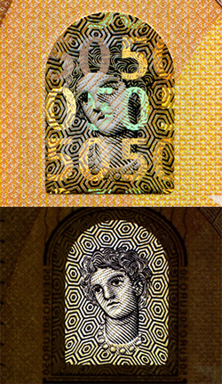 Fenster auf der Rückseite einer 50-Euro-Banknote der Europa-Serie