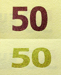 Farbwechsel auf der Rückseite einer 50-Euro-Banknote
