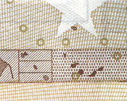Mikroschrift auf der Rückseite einer 50-Euro-Banknote