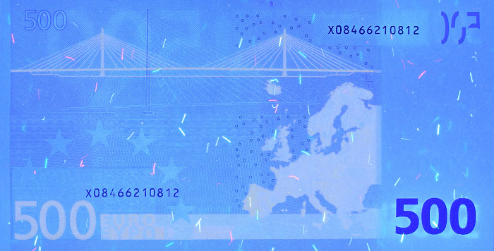 Hilfsmittel UV-Licht auf der Rückseite einer 50-Euro-Banknote