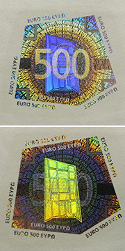 Hologramm auf der Vorderseite einer 500-Euro-Banknote
