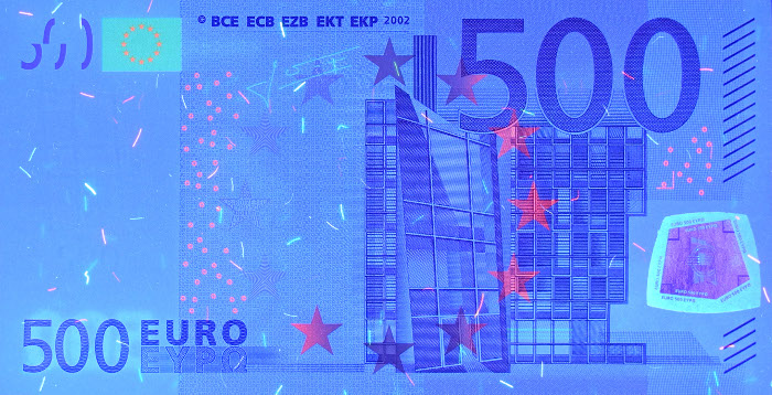 Hilfmittel UV-Licht auf der Vorderseite einer 500-Euro-Banknote