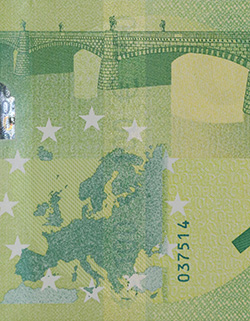 Glanzstreifen auf der Rückseite einer 100-Euro-Banknote der Europa-Serie