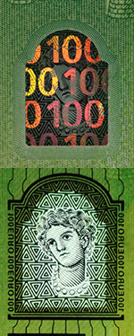 Fenster auf der Rückseite einer 100-Euro-Banknote der Europa-Serie