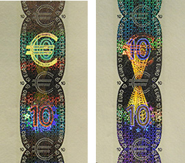 Hologramm auf der Vorderseite einer 10-Euro-Banknote