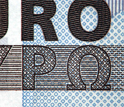 Mikroschrift auf der Vorderseite einer 20-Euro-Banknote