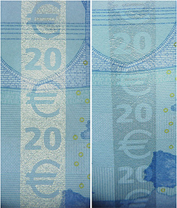 Glanzstreifen auf der Rückseite einer 20-Euro-Banknote