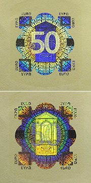 Hologramm auf der Vorderseite einer 50-Euro-Banknote