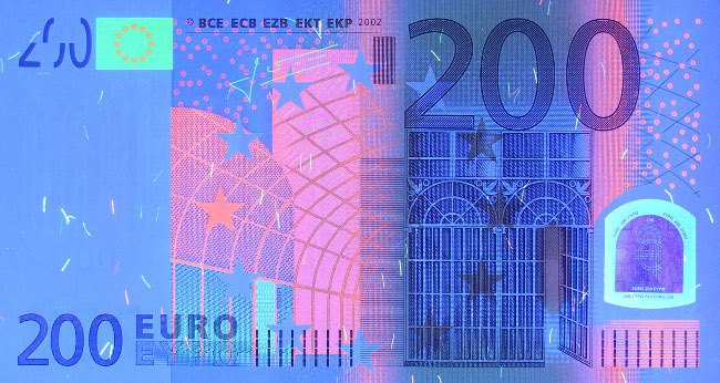 Hilfsmittel UV-Licht auf der Vorderseite einer 200-Euro-Banknote