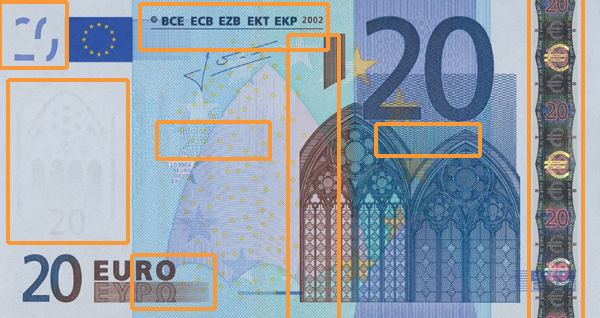 Sicherheitsmerkmale der 20 € - Banknote, erste Serie