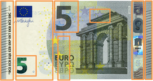 Sicherheitsmerkmale der 5 € - Banknote, Europa Serie