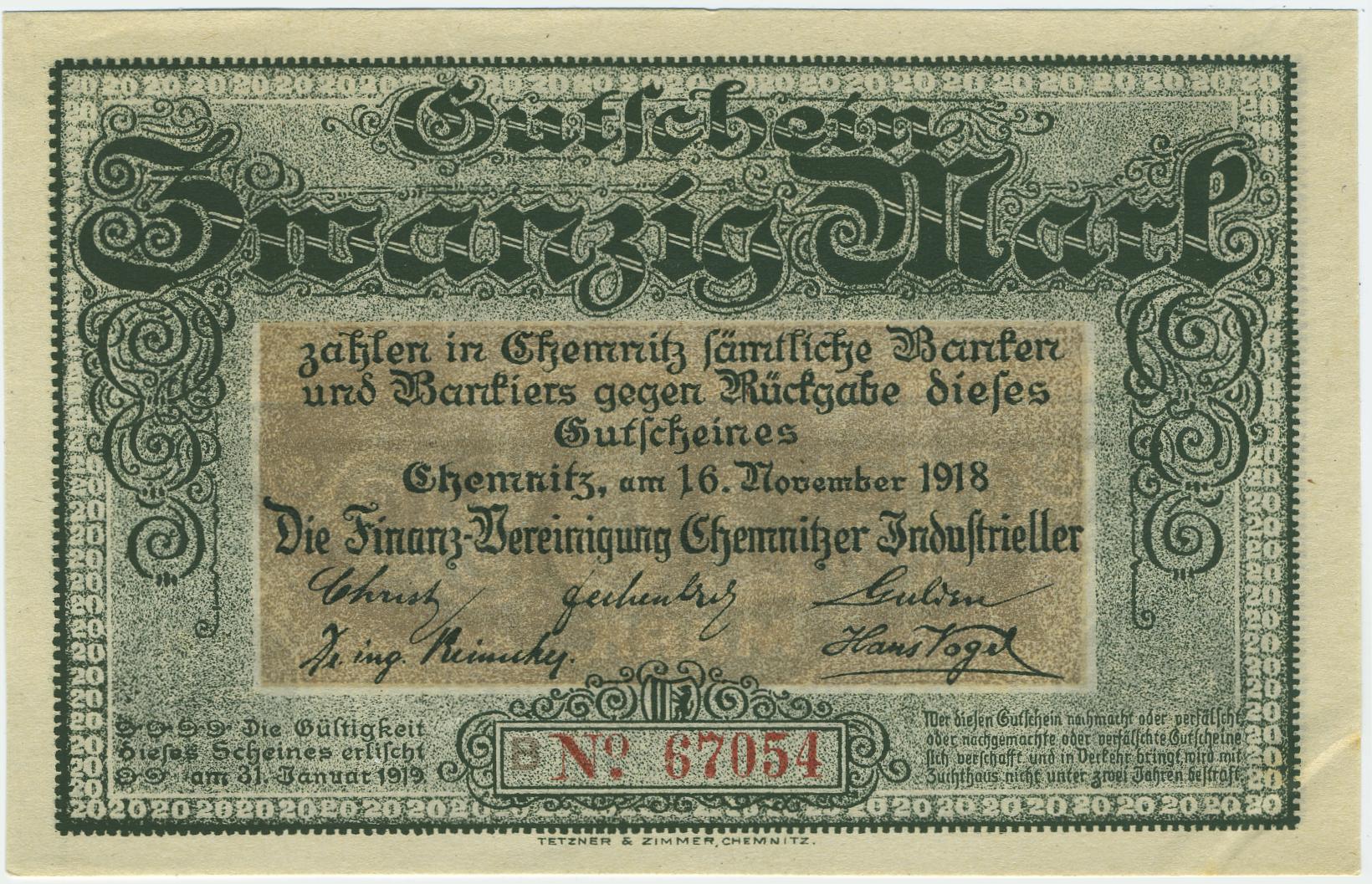 Gutschein Zwanzig Mark herausgegeben 1918 von der Finanz-Vereinigung Chemnitzer Industrieller ©Numismatische Sammlung