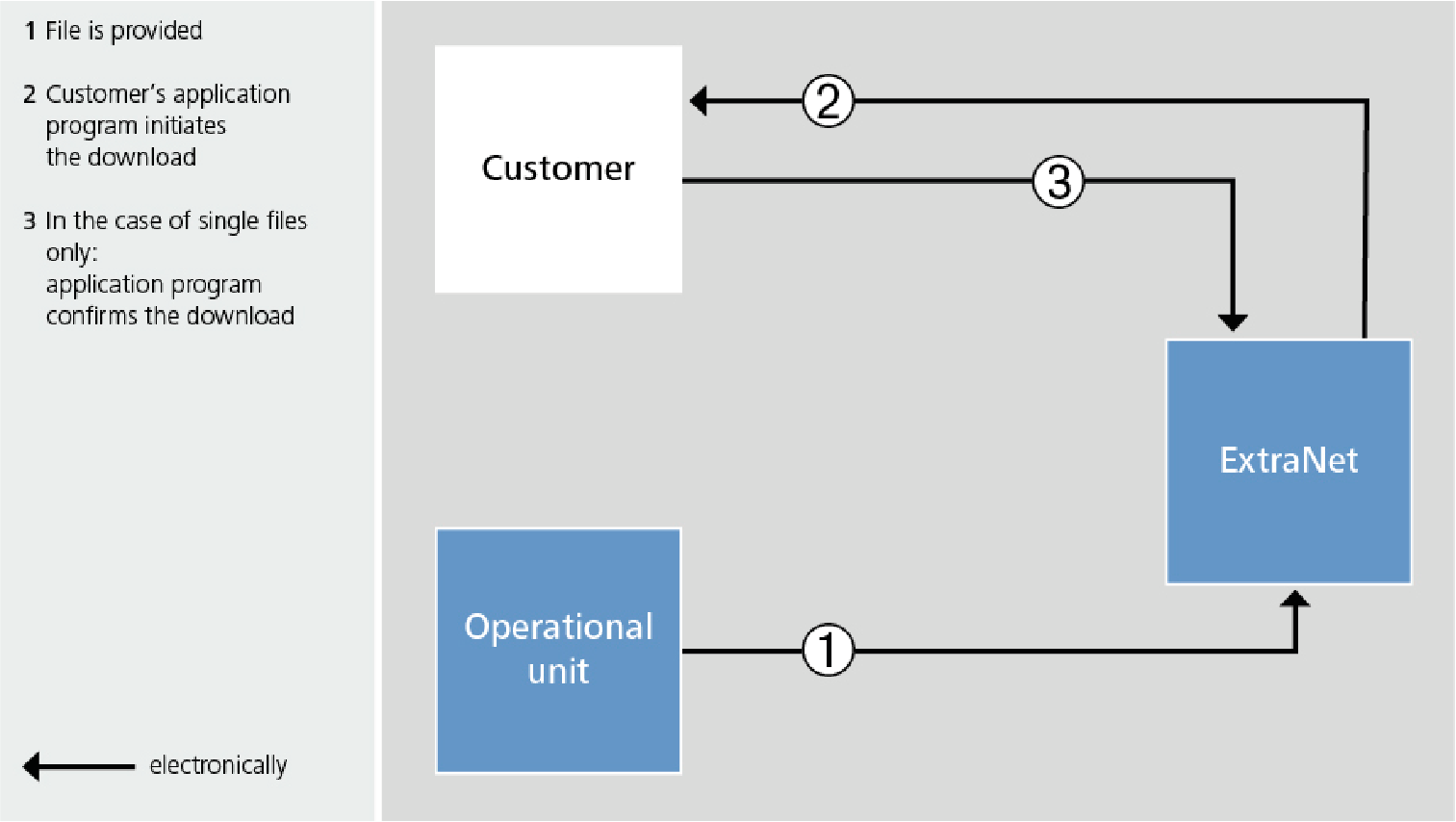 Procedure for downloading a file. The business unit provides a file on ExtraNet. A customer application program initiates the download. In the case of single files, this program confirms the successful download.